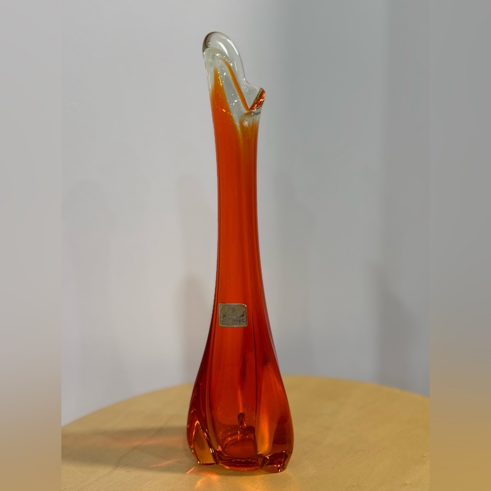 10.5” Persimmon Viking Epic Drape Style Swung Vase, Art Glass, 60s Glass, MCM